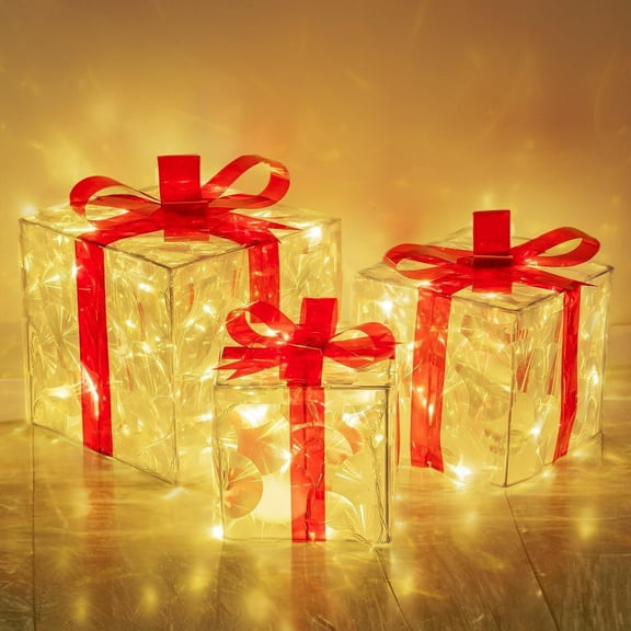 Light Up Christmas Parcels,Christmas LED Lighted Gift Boxes, Christmas Parcel Lights Presents,Christmas Red Bowknot Christmas Boxes,Battery Powered Christmas Decorations for Yard, Tree, Home, Porch