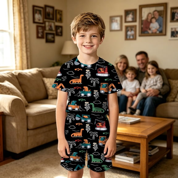 Angala Outfit For Toddler Boys Cartoon Dinosaur Graphic Short Sleeve Crew Neck T Shirt Shorts Set Boys Fall Casual Clothes