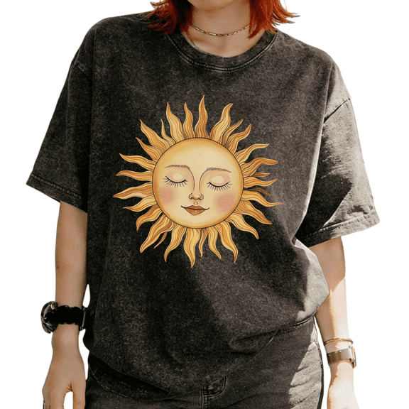 Cozymy Women's Vintage Boho Smiling Sleeping Sun Face Celestial Mystical Hippie Graphic Washed Short Sleeve T‑Shirt Tops