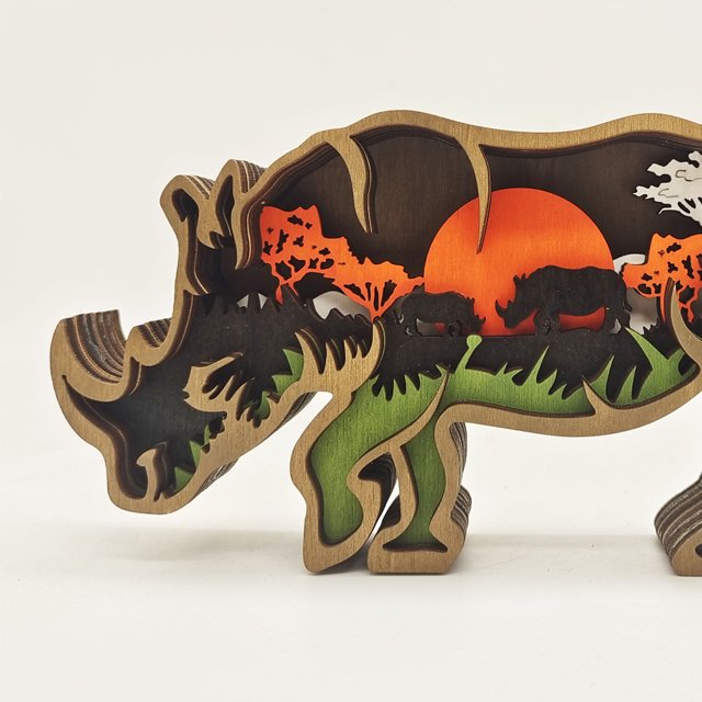 Luces LED de madera 3D estatua de animal tallada ahuecada manualidades decoración de escritorio (rinoceronte) Likrtyny Para estrenar