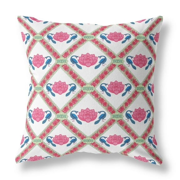 Lotus Peacock Rose Indoor/Outdoor Fabric Pillow with Zip in Pink Blue White18x18