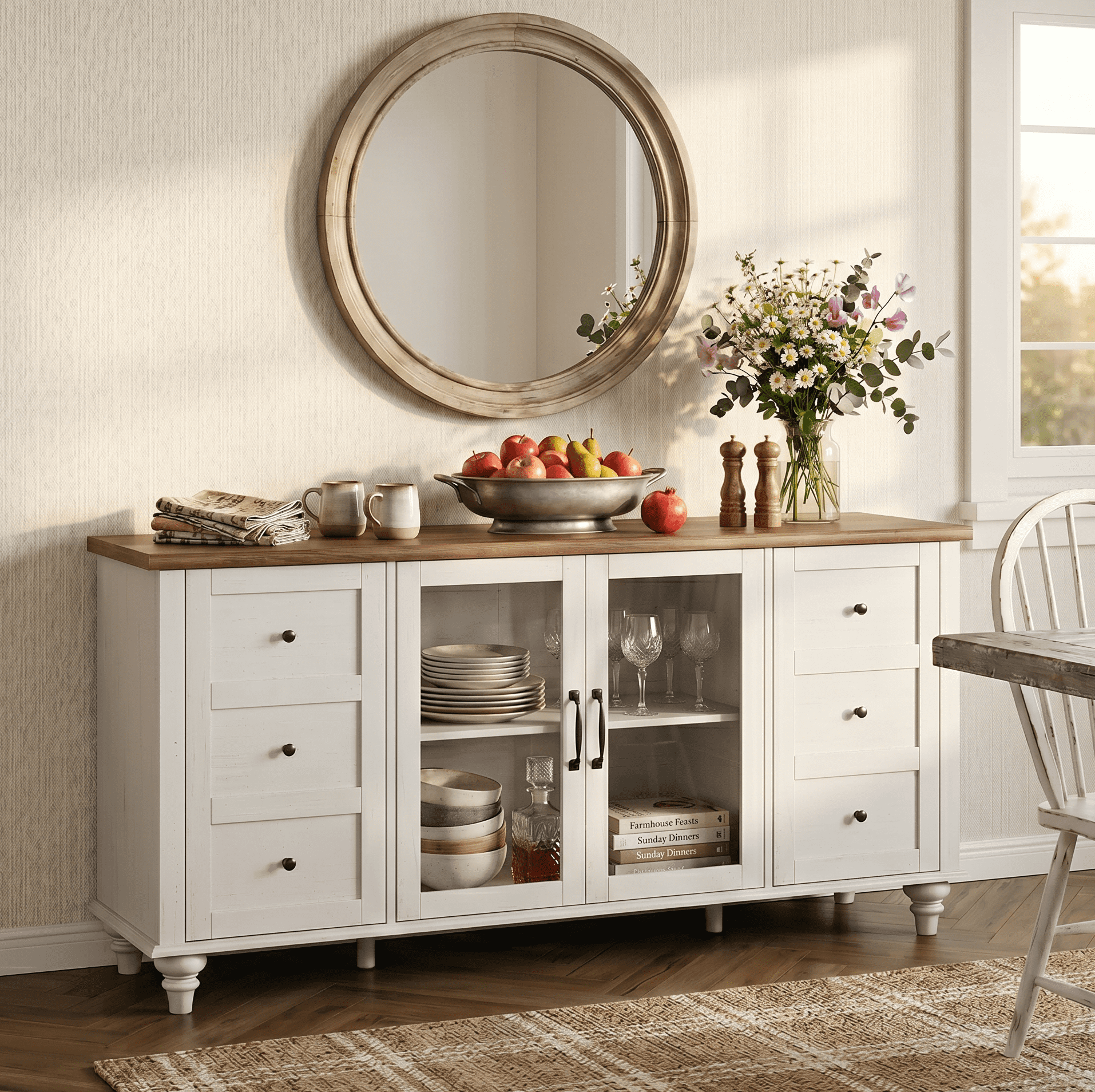Sideboard with Glass Door, Farmhouse Buffet Cabinet with Storage Shelf for Kitchen Dining Room, Off White