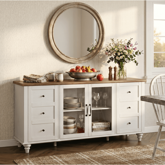 Off White Sideboard with Glass Door, Farmhouse Buffet Cabinet with Storage Shelf for Kitchen Dining Room