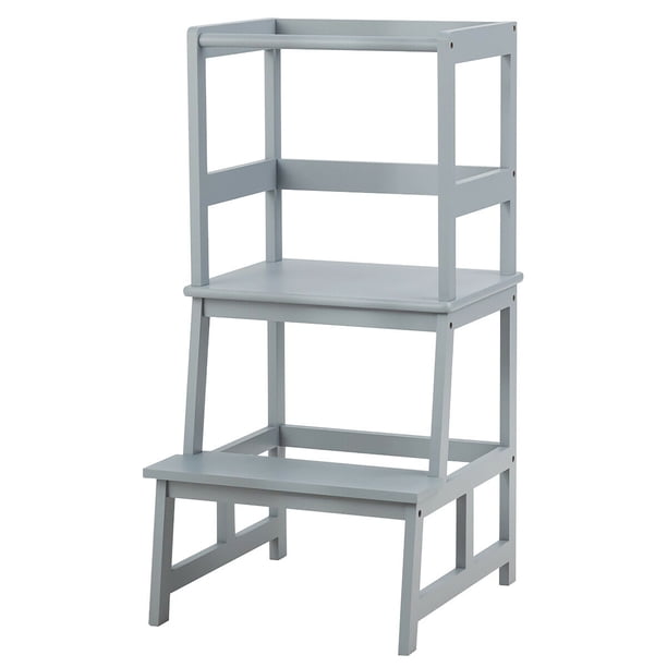 Costway Taburete de cocina para niños, taburete de escalones para niños con barrera de seguridad, banco para cocina para niños con estructura en sólido bambú, perfecto para niños 18-36 meses
