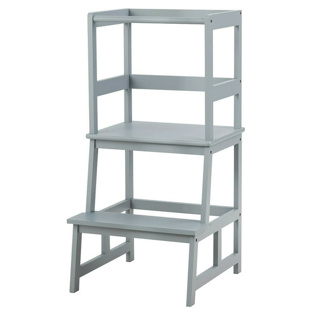 Costway Taburete de cocina para niños, taburete de escalones para niños con barrera de seguridad, banco para cocina para niños con estructura en sólido bambú, perfecto para niños 18-36 meses