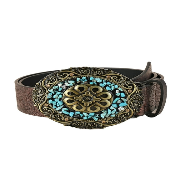 Vintage White Stone Buckle Belt Embossed Leather Belt Engraved Flower Belt Cowboy Belt Jeans Belt Vintage Western Belt