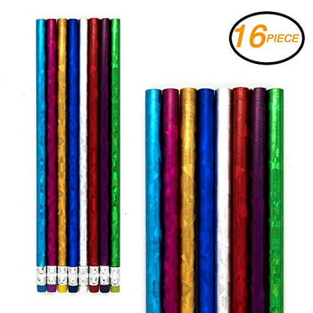 Emraw Colorful Round No 2 HB Metallic Laser Foil Wood Cased Pencils with Eraser Top - Pack of 16 Unsharpened Sparkling Bright