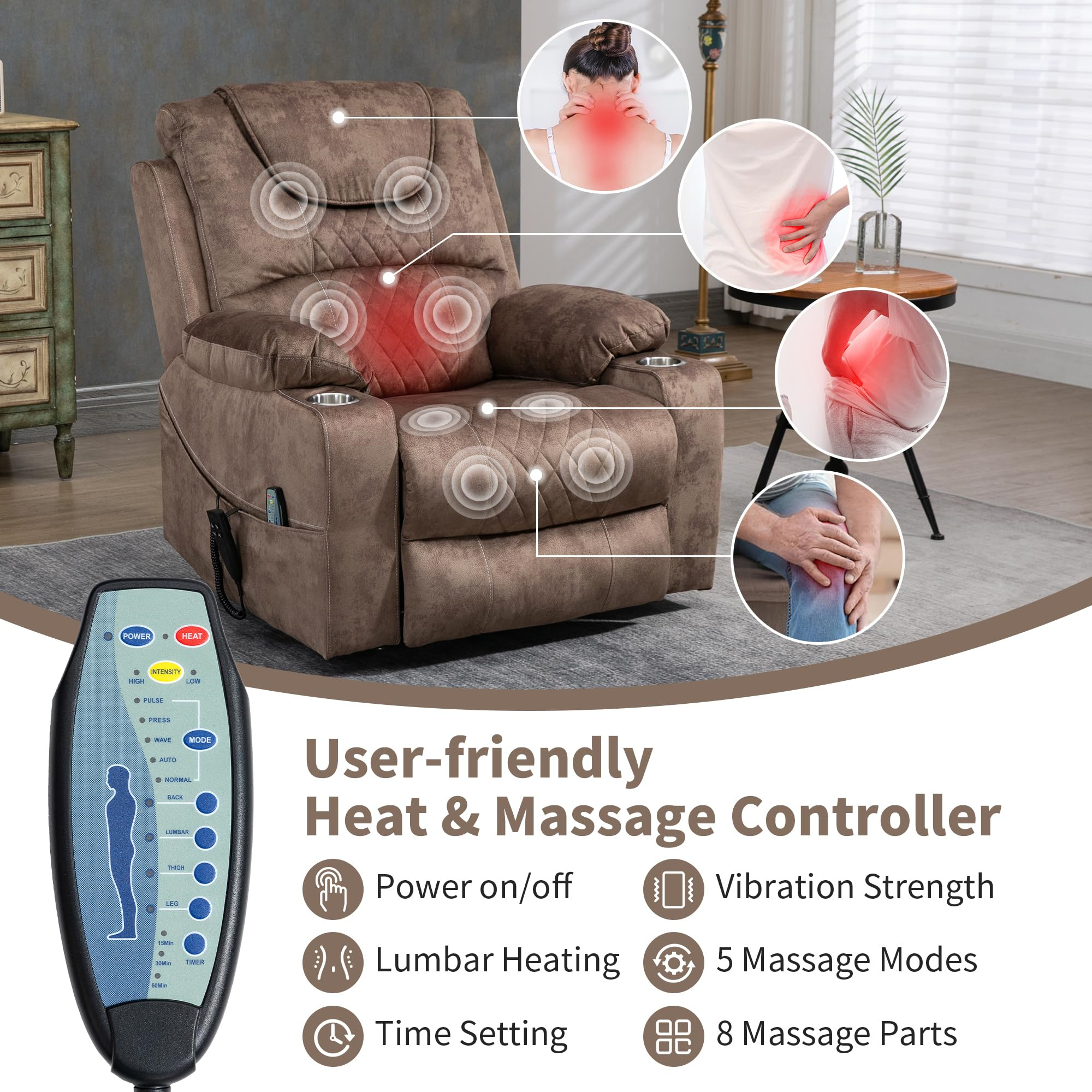 Aukfa Dual OKIN Motor Power Lift Recliner Chair for Elderly, 180° Lay Flat Electric Recliner with Massage & Heat, USB Ports, Velvet, Brown