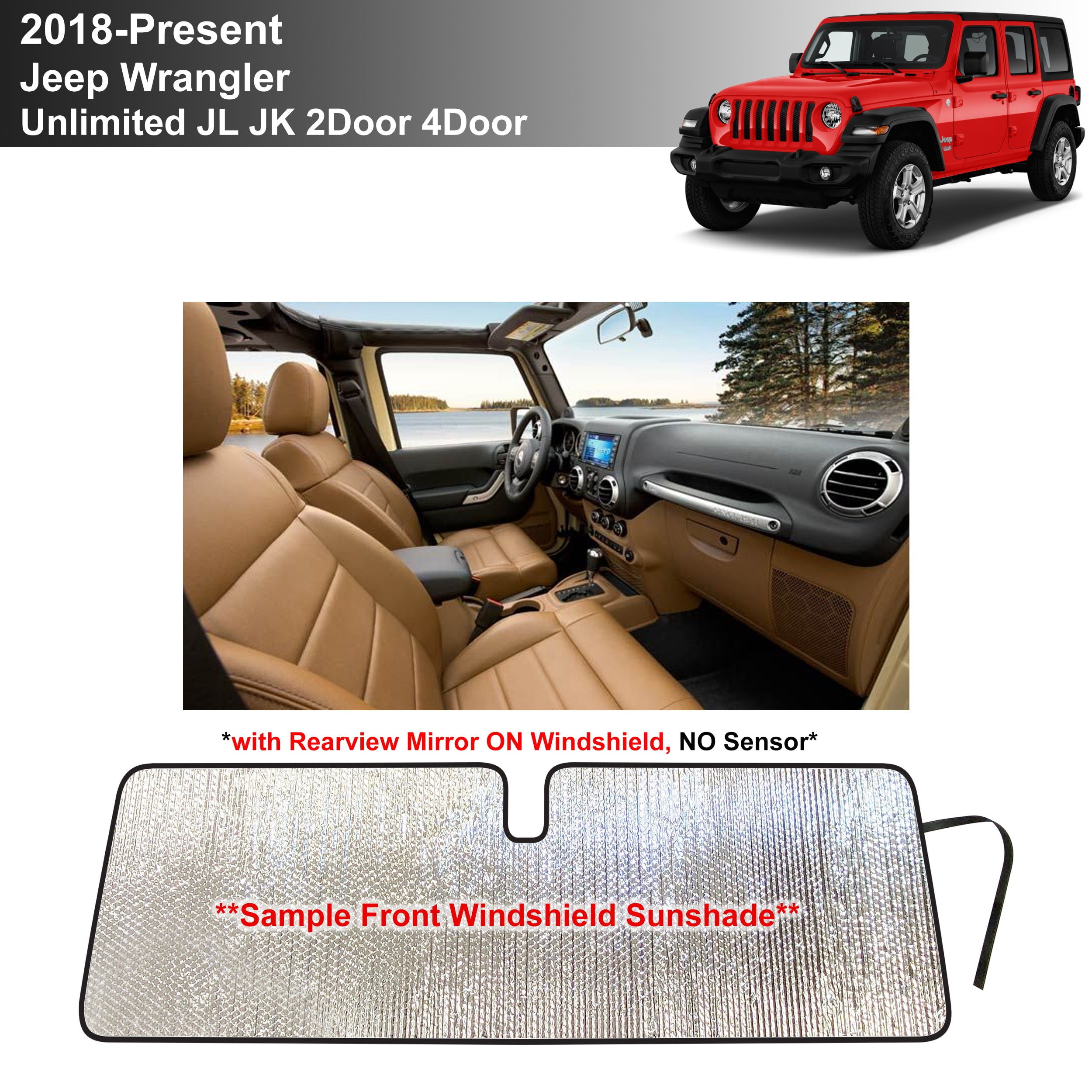 Windshield Sunshade for 2018-2022 Jeep Wrangler Unlimited JL 4 Door (w/  Rearview Mirror on Windshield) 