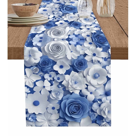 Ldtrchee White Blue Flowers Table Runner 48 Inches, Geometric Floral Botanical Plants Bed Runner Dresser Scarves Tabletop for Indoor Outdoor Parties/Ceremony/Banquet, 13" x 48"