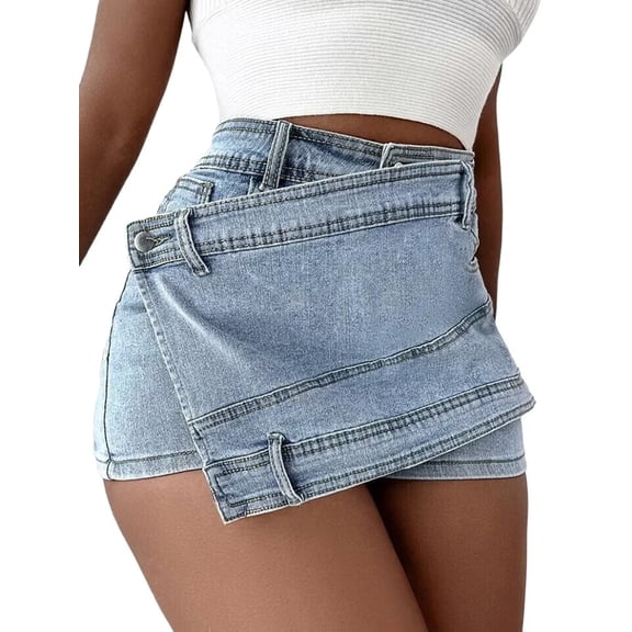 Women'S High Waisted Denim Skorts with Asymmetrical Button Wrap Design Light Blue S