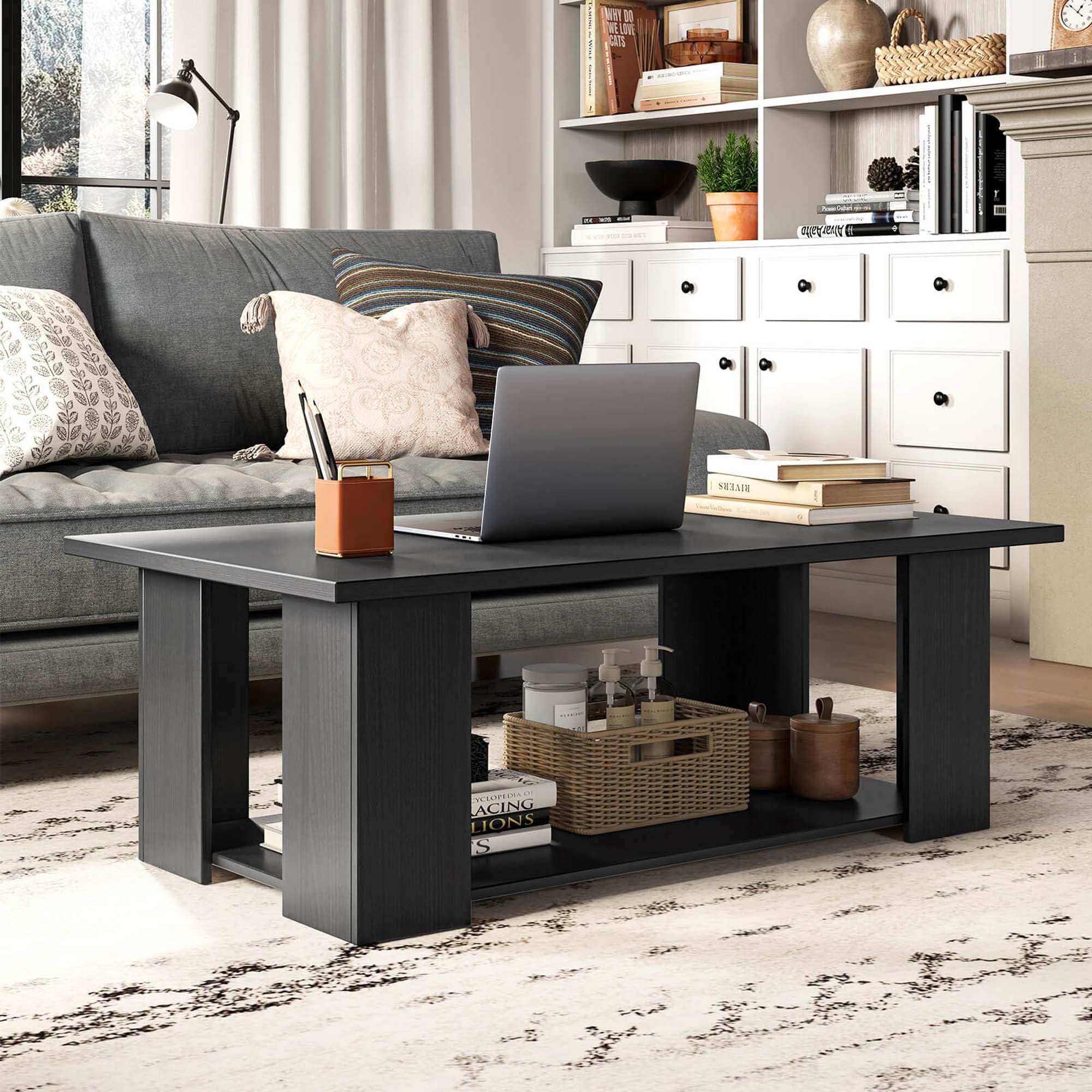 Costway Coffee Table 2-Tier Modern Center Cocktail Table with Storage Shelf for Living Room Black