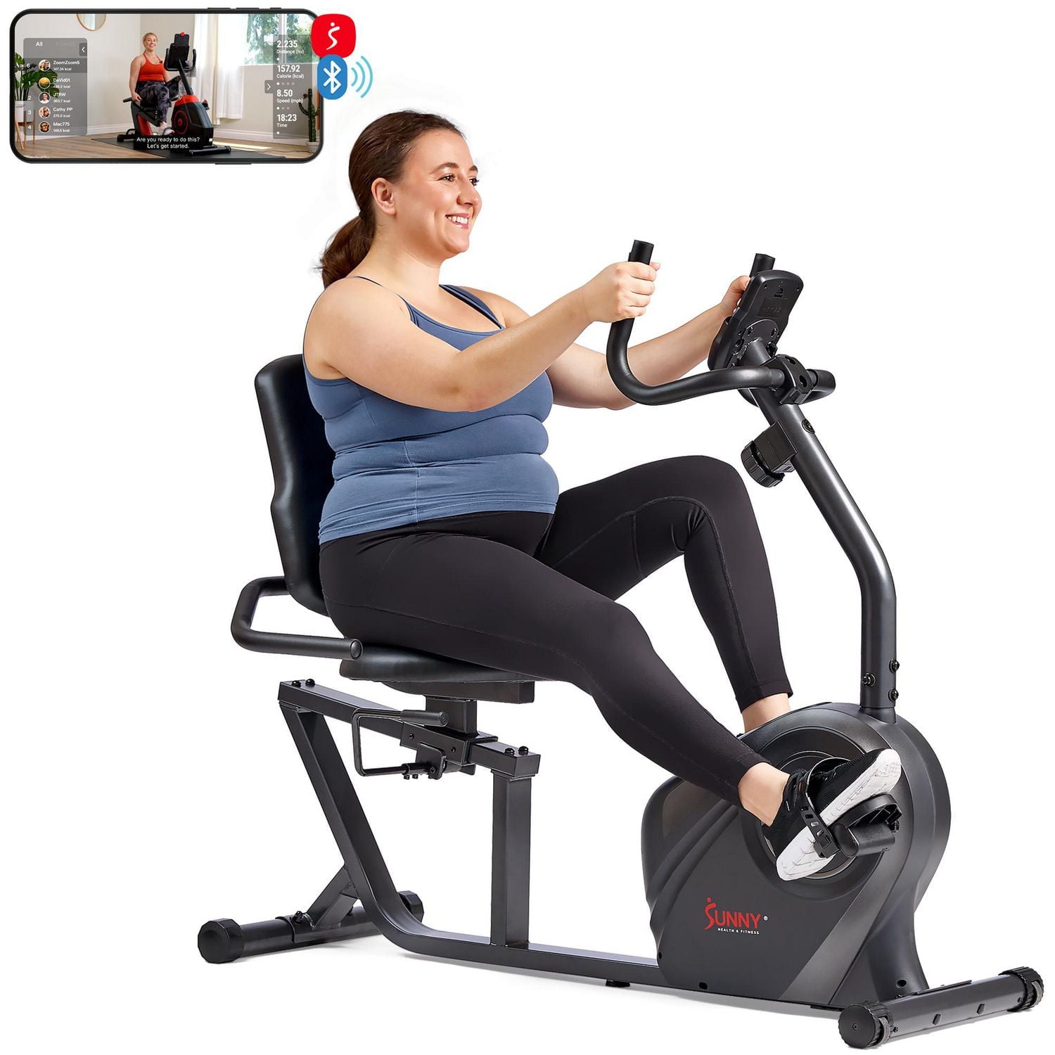 Sunny Health & Fitness Heavy-Duty Recumbent Smart Bike, Wide Cushioned Seat & Back, Cycling Workout Machine, Bicycle Exercise for Adult/Seniors at home, Exclusive Free SunnyFit App Bluetooth Link