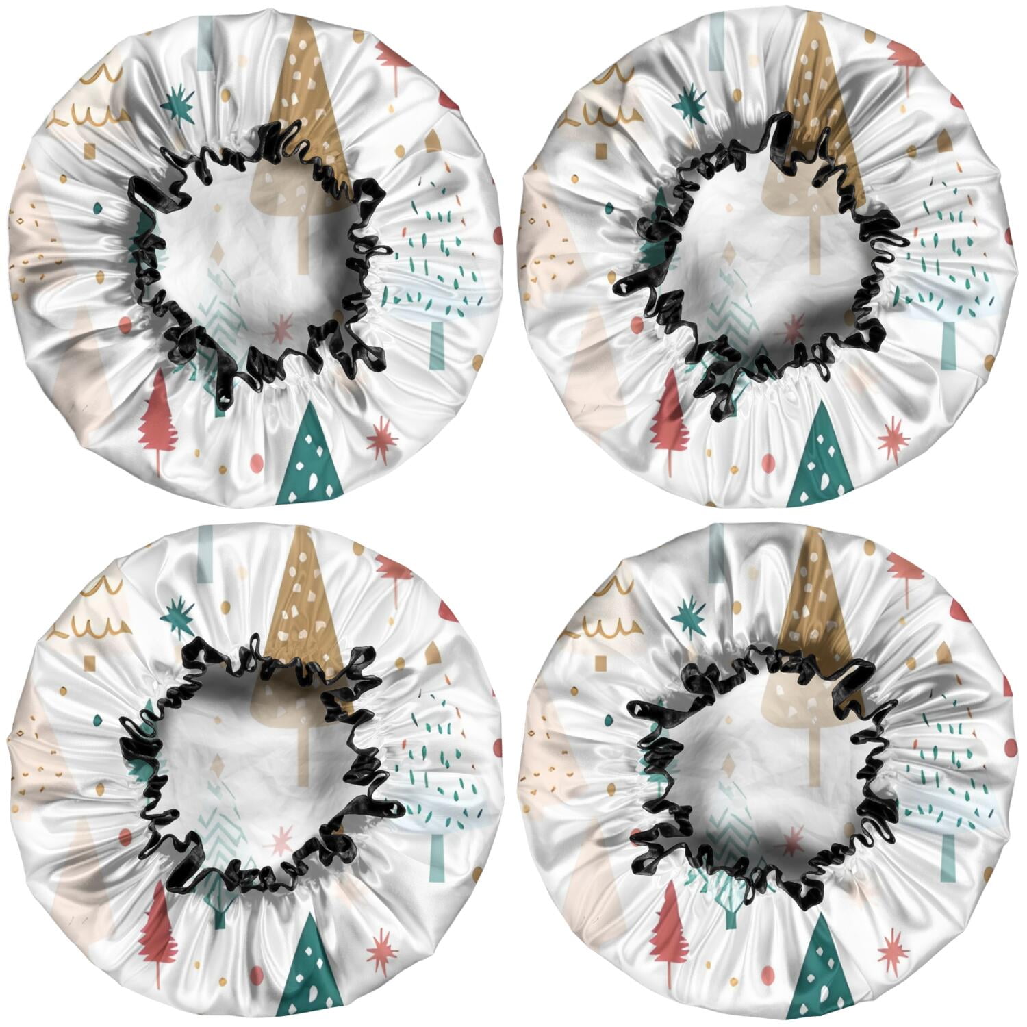 Shower Caps,White Christmas Tree Pattern Waterproof Shower Cap for Women 4 Pieces,Double Reusable Hair Cover for Shower PEVA Elastic Stretch Hem