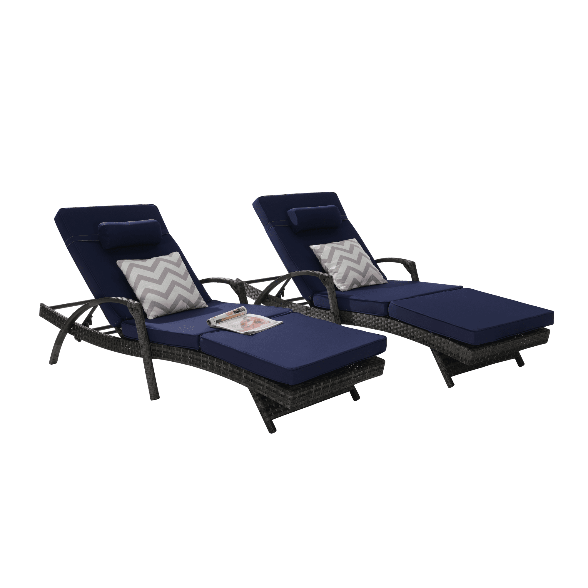 Leumius Outdoor Chaise Lounge Chair Set of 2,Wicker Reclining Lounge Chair with Cushions and Backrest Adjustable to 150° for Outside Pool Patio,Dark Blue