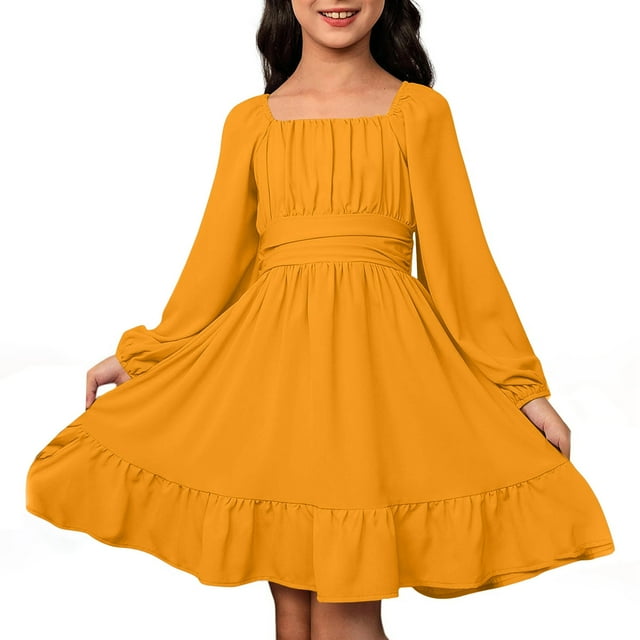 Wdgfv Robe Décontractée pour Filles à Manches Longues, Dos Nu, avec Ceinture à la Taille, pour l'Extérieur, Printemps Automne Été, Élégante Coupe Trapèze, Orange, 8-9 Ans