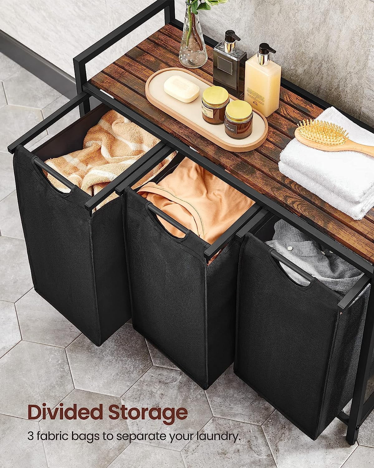 Laundry Hamper, 3 X 45L Laundry Bags & 2 Tier Adjustable Storage Shelf, Pull-Out and Removable Oxford Fabric Laundry Baskets, for Home/Hotel Black
