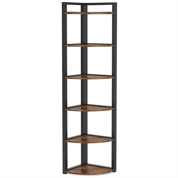 Demi Bonn 6 Tier Corner Bookshelf, Wood and Metal Bookcase Storage Organizer, 70" Tall Display Standing Shelf Unit for Bedroom, Living Room, Brown