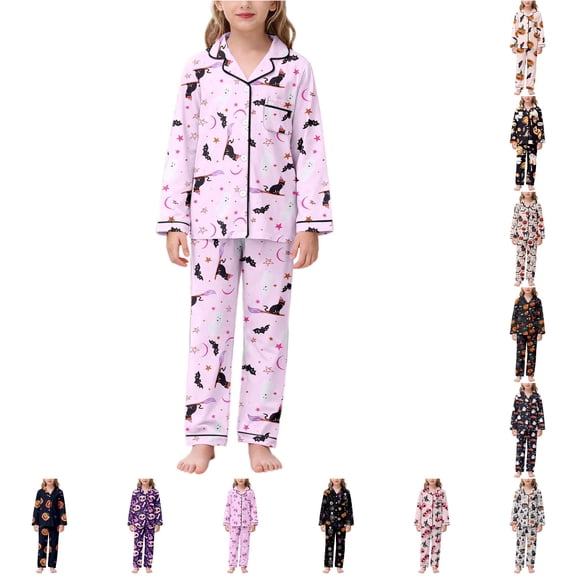 LIIPEE Girls Halloween Graphic Pajamas Long Sleeve Shirts And Pants Pajama Sets Kids Fall Sleepwear 4-14 Years