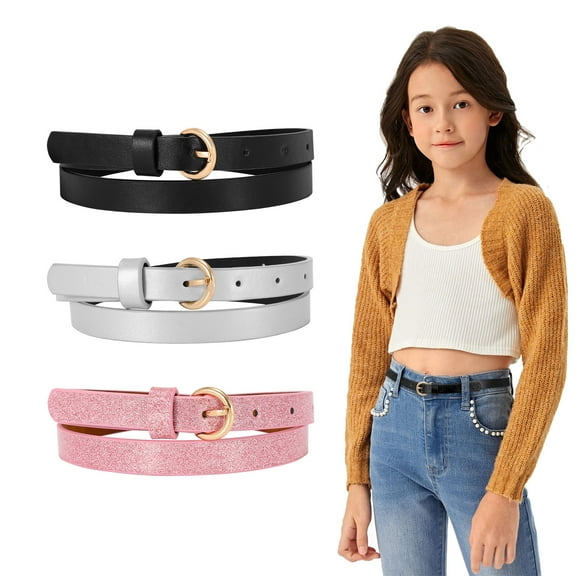 3 Pack Glitter Girls Belt Colorful Kids Skinny Belts for Jeans Dress