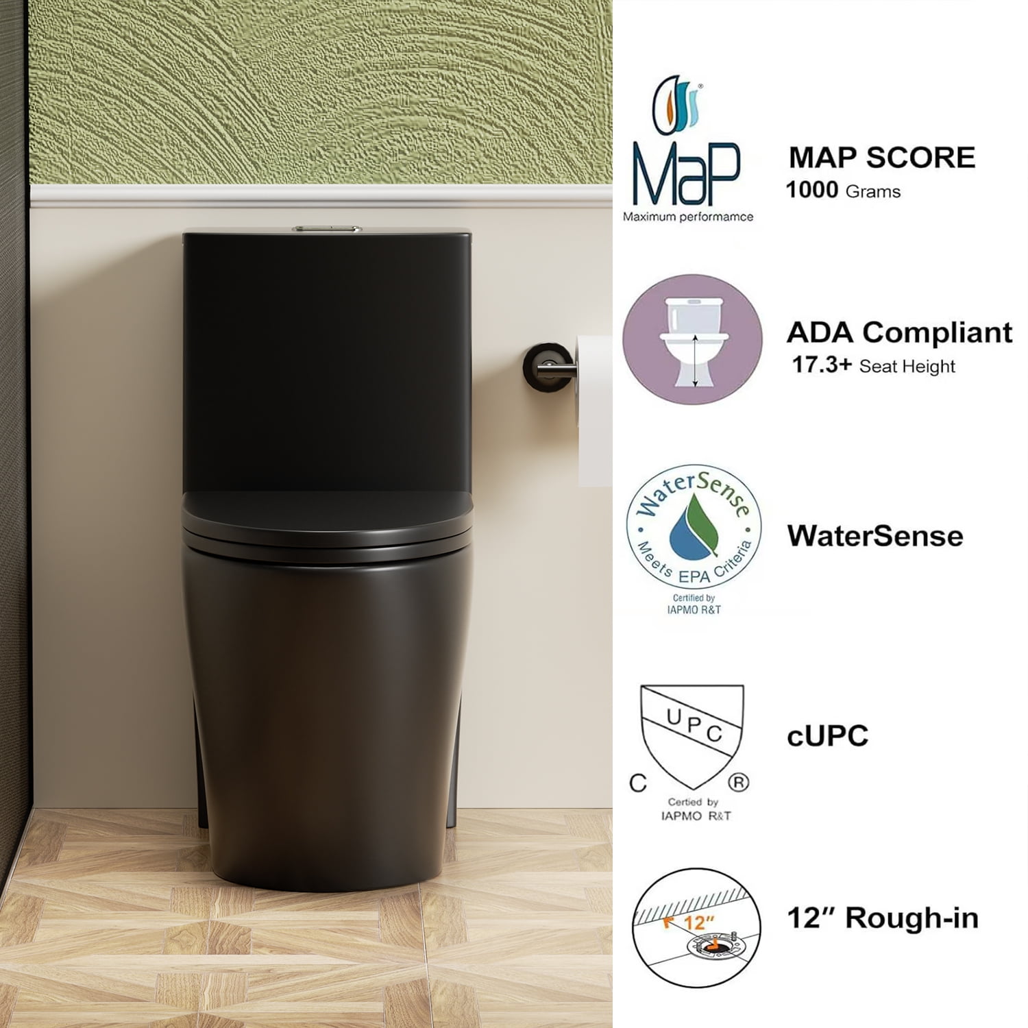 Aukfa One-Piece Toilet Dual Tornado Flush 1.1/1.6 GPF ,ADA Comfort Height,Water Sense Certified, Soft-Close Seat,Black