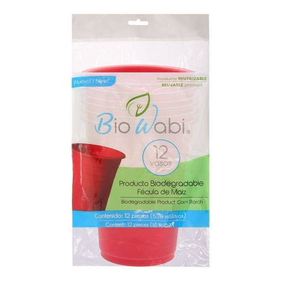 Vasos desechables BioWabi rojos biodegradables 18 oz 12 pzs