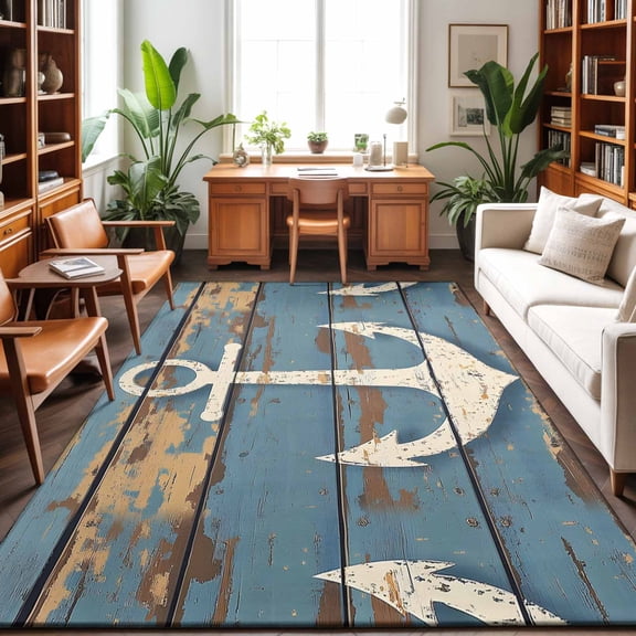 Large Area Rugs 6'x9', Brown Nautical Anchor Carpet Runner Indoor Outdoor Rugs Home Decor Aesthetic, Coastal Vintage Rustic Blue Wood Non Slip Mats Washable Accent Rug for Living Room Bedroom