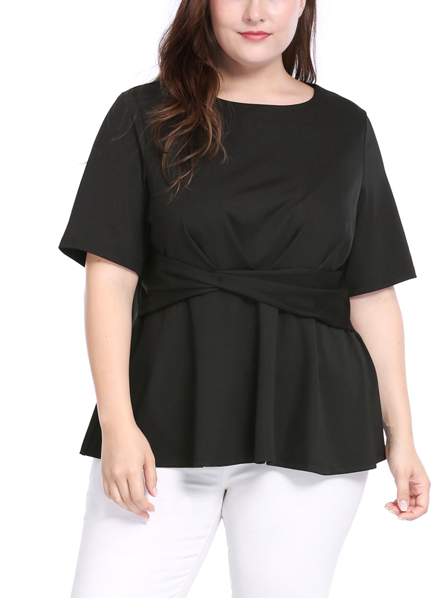 Unique Bargains Women's Plus Size Short Sleeve Solid Outfits Fashion Wrap Peplum Tops 1X Black