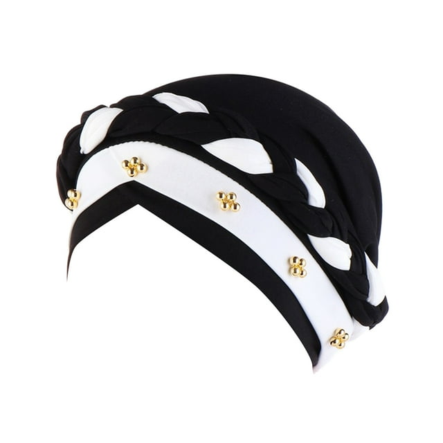 PMVFHDE Women Ruffle Turban Wrap Cap With Pearl Beading Solid Color Hats For Women Black