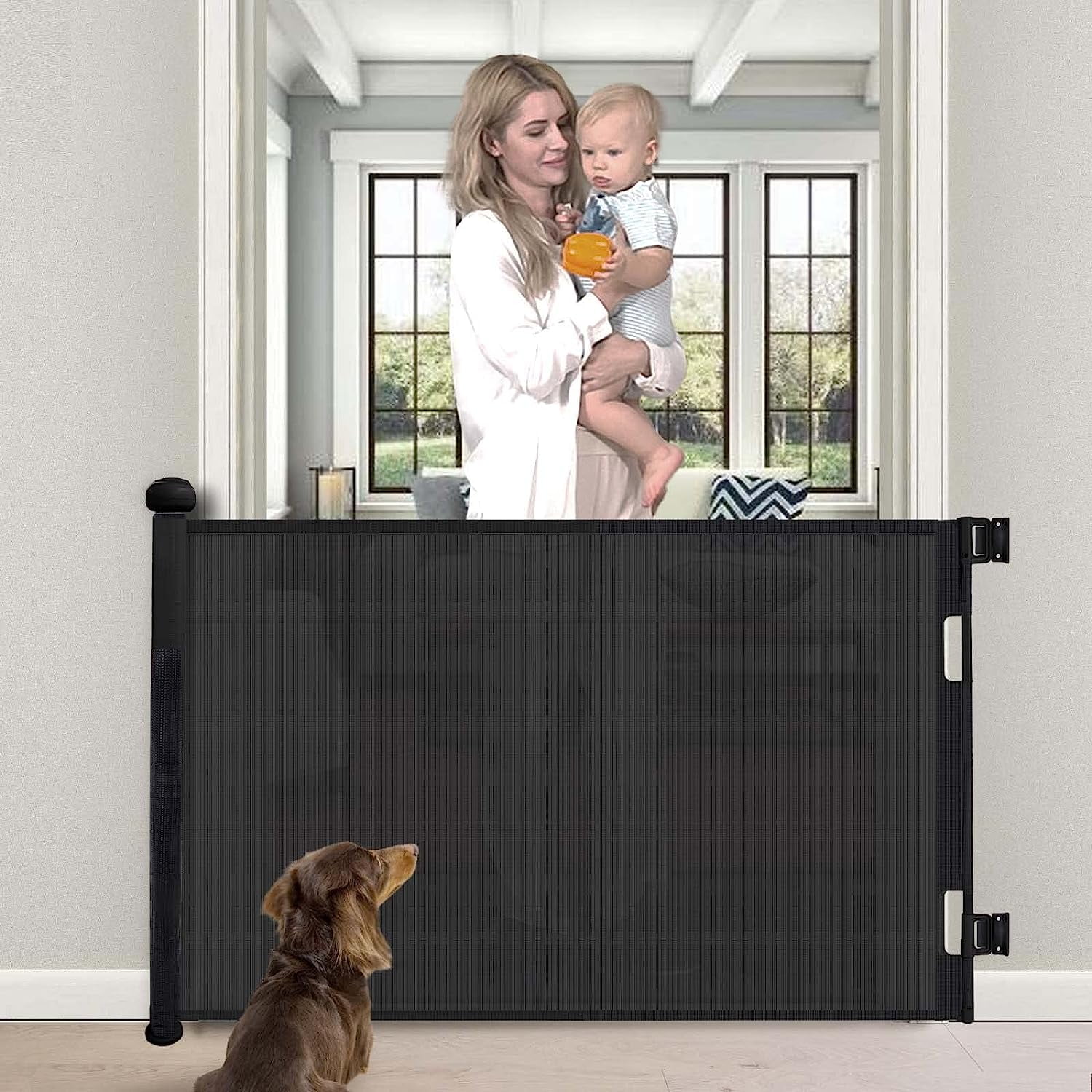 Retractable Baby Gate, HDJ 42in Extra Tall Baby Safety Gate, 71" Wide Baby Gate Dog Gate for Stair, Doorway,Metal Auto-Lock,Black