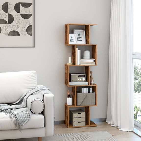 LEDREM 5-Tier S-Shaped Bookshelf with Open Compartments, Modern Storage Bookcase for Living Room Bedroom Office, Rustic Brown