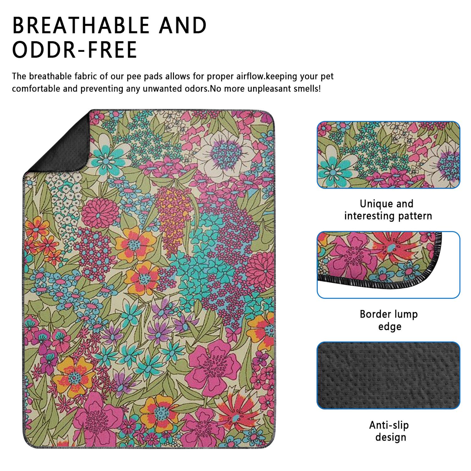 Floral Print Reusable Pet Pads 2-Set, Medium 24x35 Inch Washable Puppy Training Mats, Highly Absorbent Dog Floor Mat for Indoor Protection