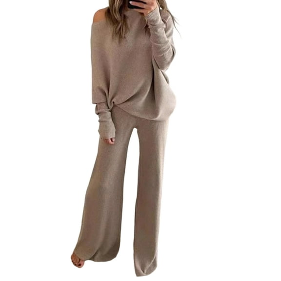 Womens 2 Piece Outfits Fall Lounge Set Oversized Chunky Knit Sweater Top Wide Leg Pants Loungewear Clothes Khaki S
