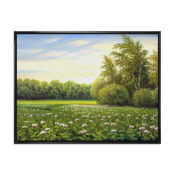Designart 'Spring Trees By The Flowers and Meadows' Country Framed Canvas Wall Art Print
