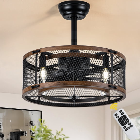 Bella Depot 20" Industrial Black Caged Ceiling Fan with Light and Remote 6-Speed Reversible DC Motor