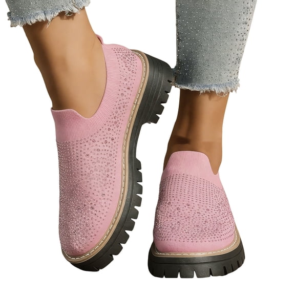 Loafers for Women Knit Mesh Rhinestone Platform Lug Sole Casual Slip on Walking Shoes Comfortable Dressy Flat Shoes Light Pink Size 6.5