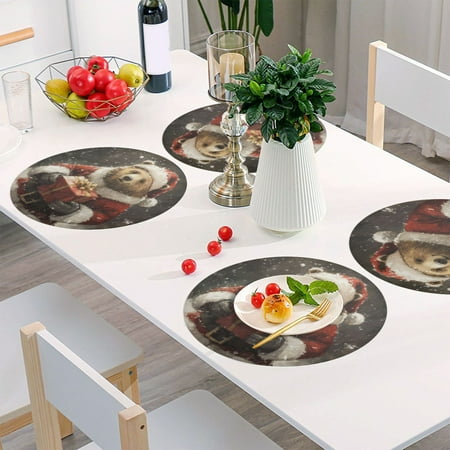 

Round Grid Placemat One Sizex6 Round Placemat PVC Plate Mat，15.4 Inch Non-Slip and Heat Resistant Table Placemat Dining Room Placemat Santa Bear and Presents