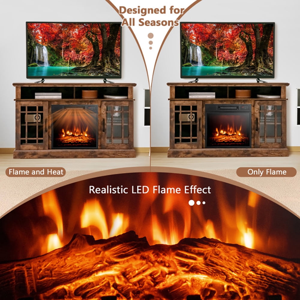 Finihen TV Stand, TV Cabinet, 48 Inch Electric Fireplace TV Stand with Cabinets for TVs Up to 55 Inch, for Living Room, Bedroom, Brown