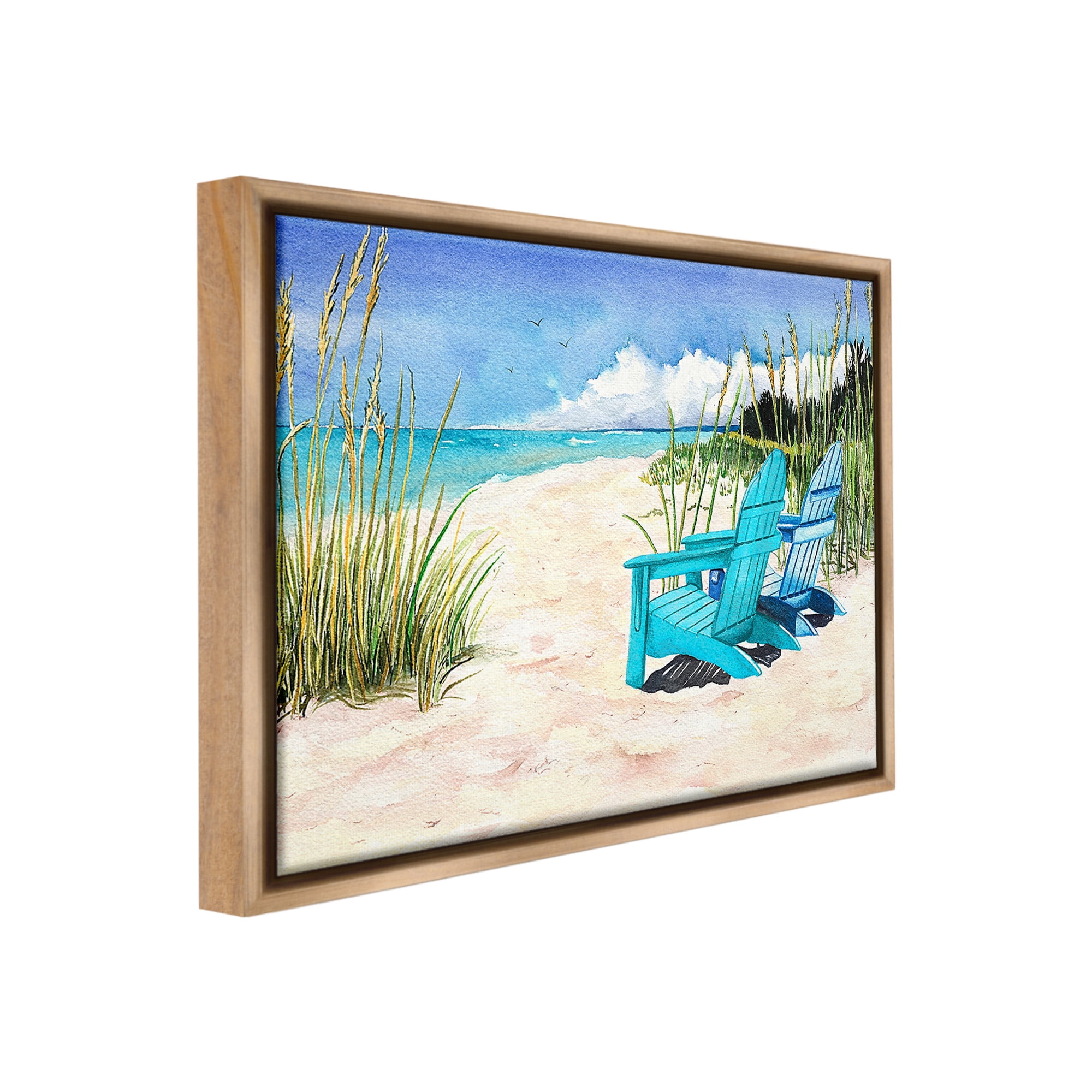 Stupell Industries Blue Beach Chairs Scene Landscape Painting Brown Floater Framed Canvas Art Print Wall Art, 31 x 25