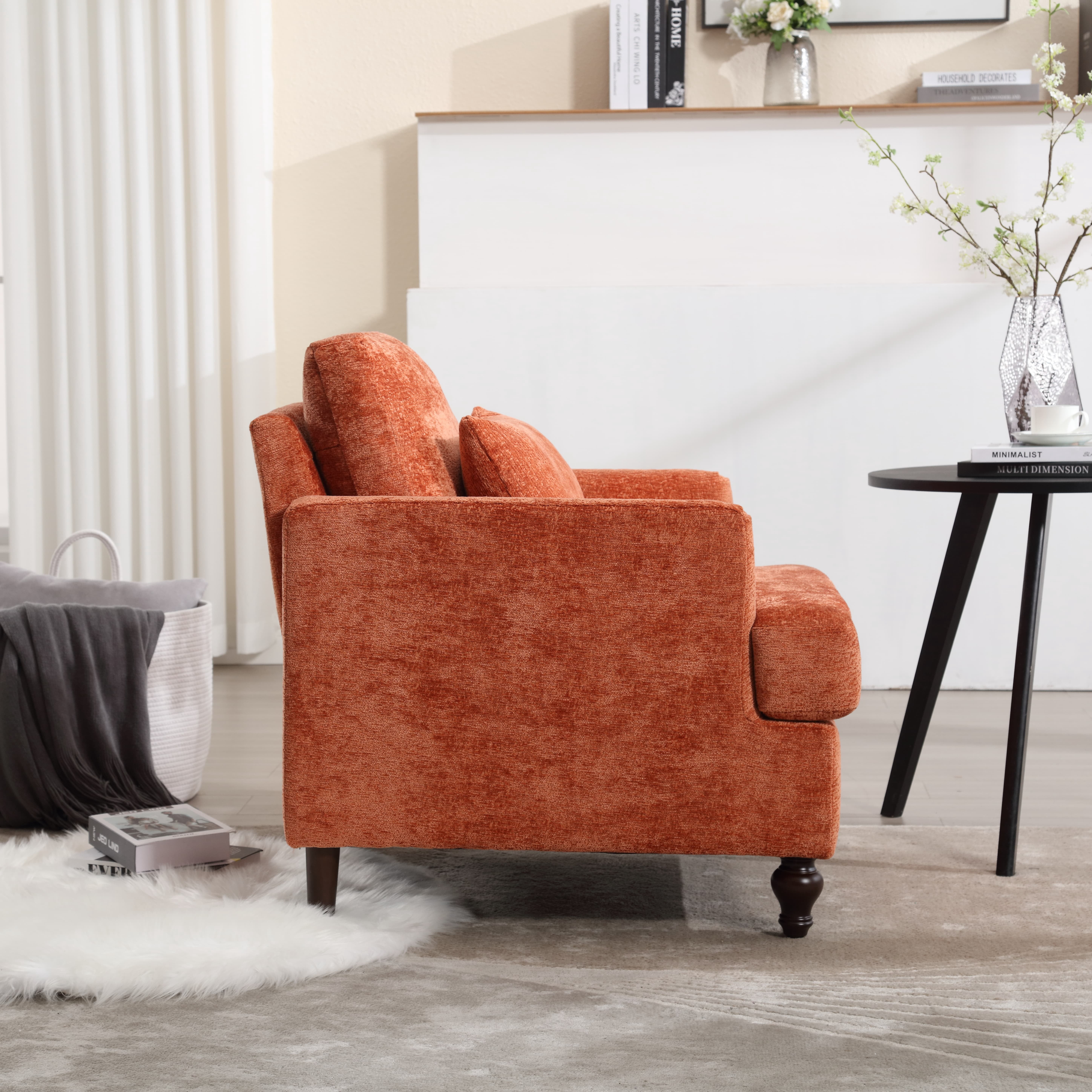 MAYEERTY Wood Frame Armchair, Modern Accent Chair Lounge Chair Tufted Club Chair, Mid Century Modern Arm Chairs with Studded, Solid Wood Frame, for Bedroom, Reading (Orange Chenille)