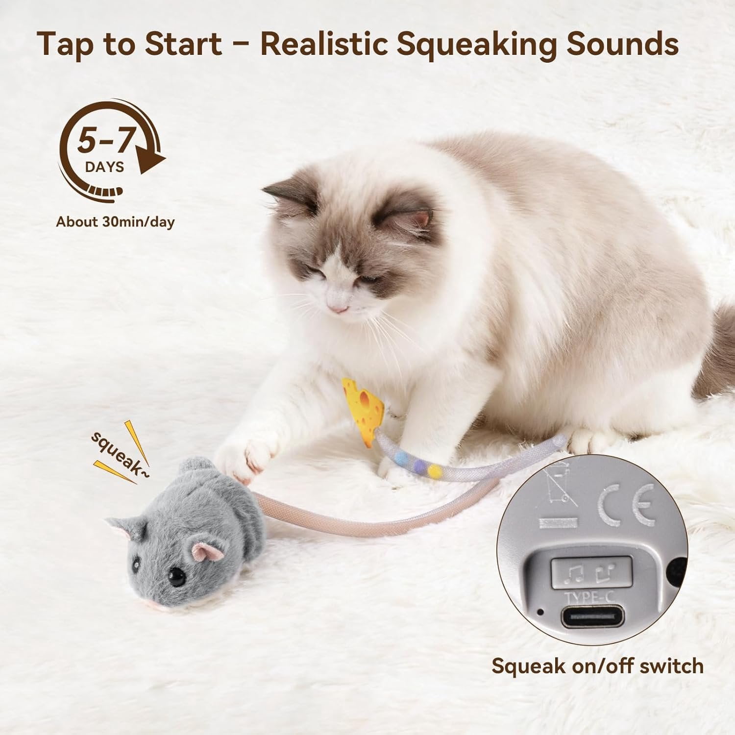 Interactive MigiMouse   360? Rolling & Spin with Mesh Plastic Tail for Indoor Cats  Motion Sensor, Realistic Squeak, Rechargeable Plush Kitten (Grey)