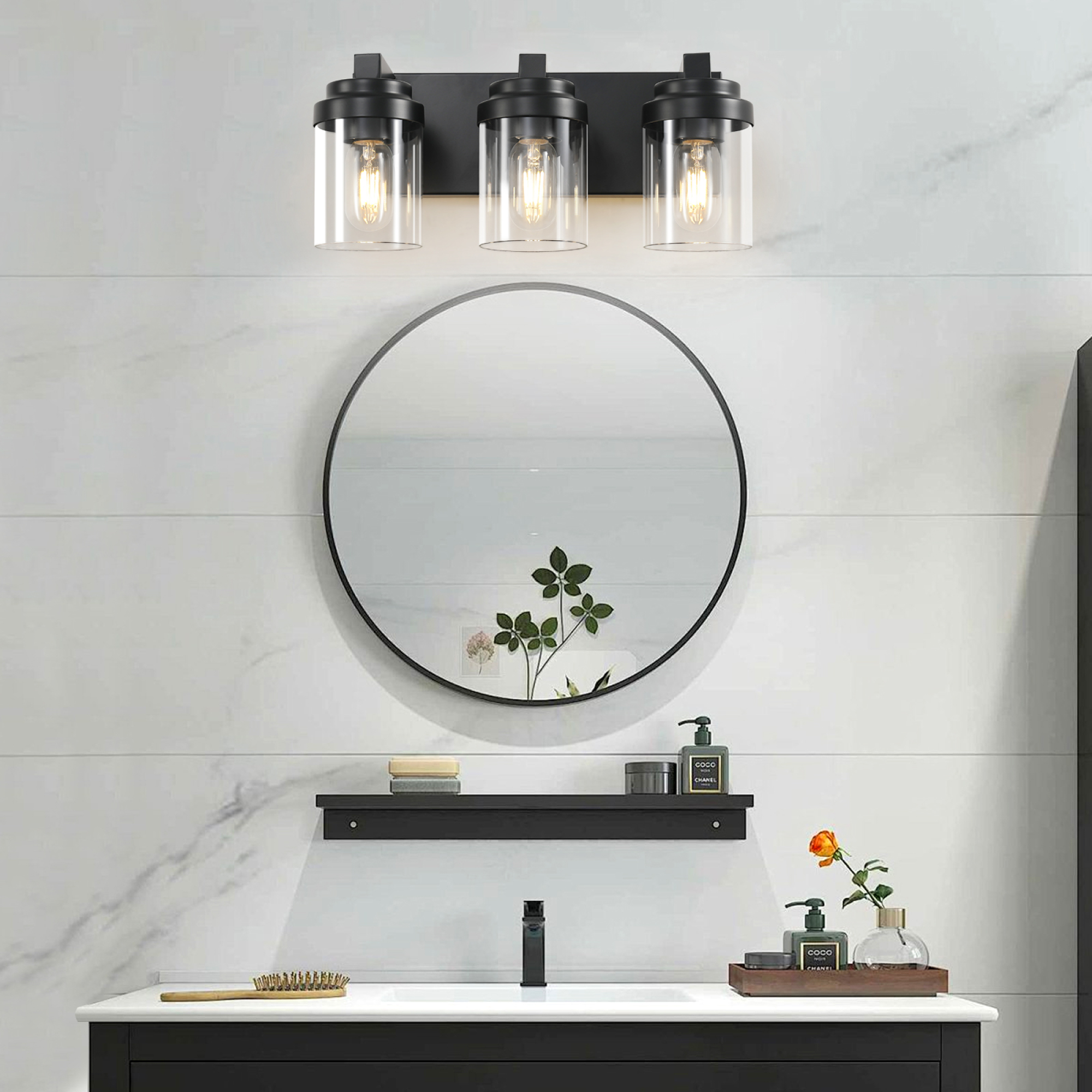 Leumius 3-Light Bathroom Light Fixtures Over Mirror Bathroom Vanity Light, Black Vanity Lights with Clear Glass Shade, Modern Bathroom Light Fixtures for Bedroom, Hallway(No Bulbs)