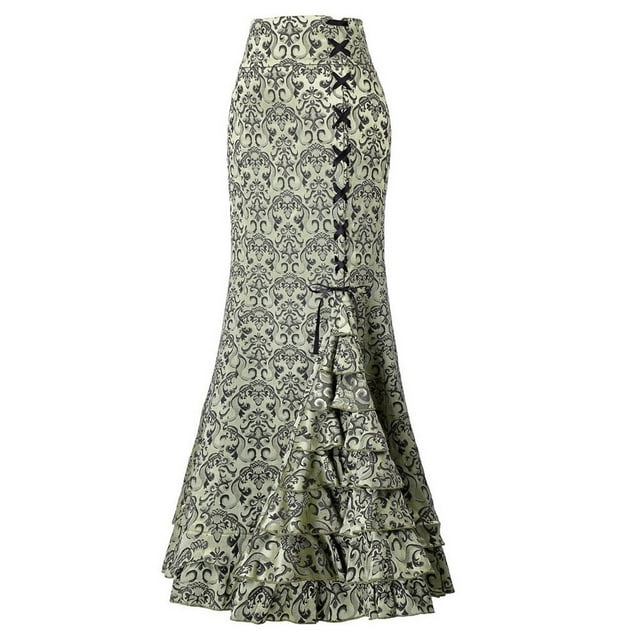 Weiqiqre Jupe pour Femmes Grande Taille Style Punk Rétro Sirène Jupe Imprimée Vintage Longue à Volants Queue de Poisson