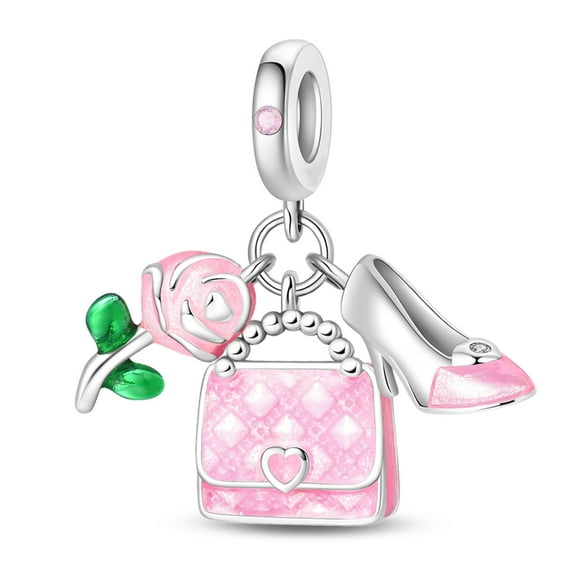 KUNSIR Sterling Silver DIY Charm Pink Rose Bag Shoes Pendant For Women Bracelets