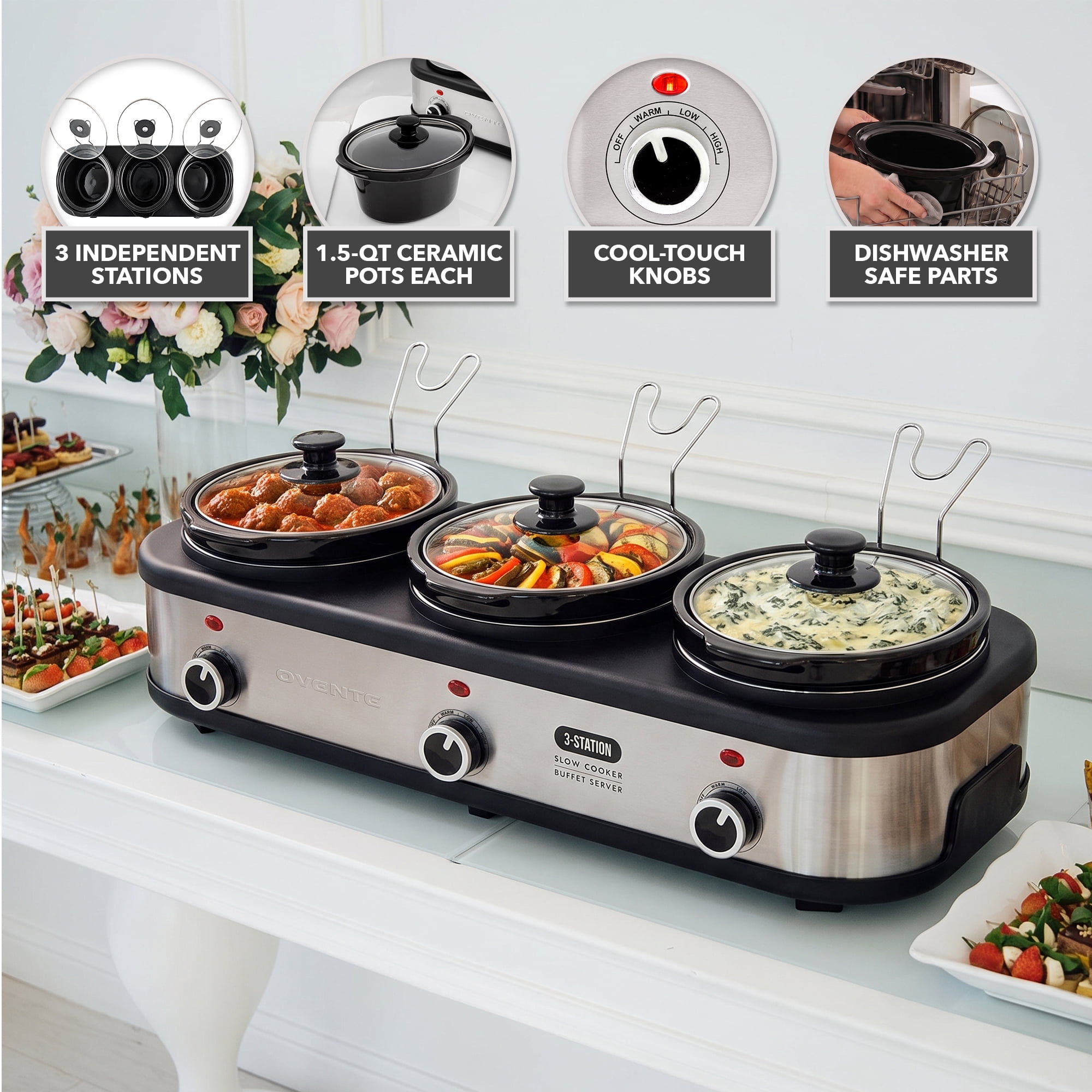 OVENTE Electric Triple Slow Cooker, 4.5Qt Buffet Server, Silver SLO315CBR | 300W Three 1.5Qt Pots, Adjustable Heat Settings, Easy to Monitor & Clean, Perfect for Entertaining, Portable Buffet Server