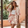 thumbnail image 3 of FKEKYI Red Rose Flower Print Womens Summer Short Set 2 Piece Sets Vacation Outfits Open Front Shirt Top & Shorts with Elastic Waist Beachwear Lounge Set, S, 3 of 7