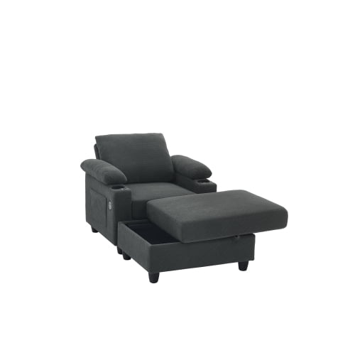 Accent Chair and Storage Ottoman Set, Convertible Single Chaise Lounge Sleeper Bed with Reclining Backrest, Dual Cup Holders, USB-C Ports, Side Storage Pocket, Dark Gray