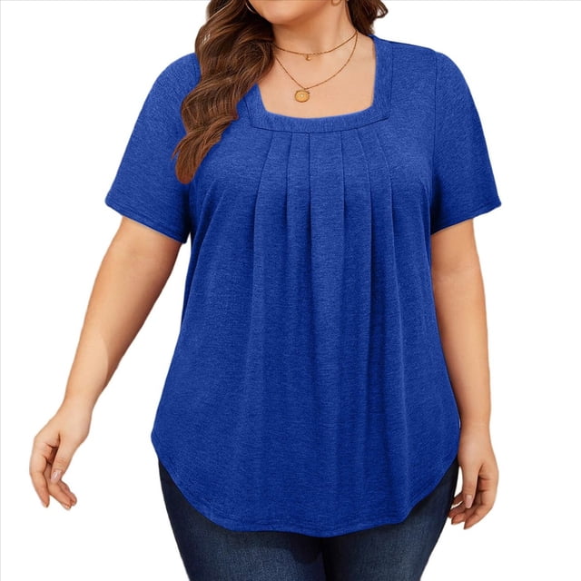 Tops de Talla Grande para Mujer, Corta, Cuello Cuadrado, Túnica Holgada de Verano para Leggings. Azul 5XL