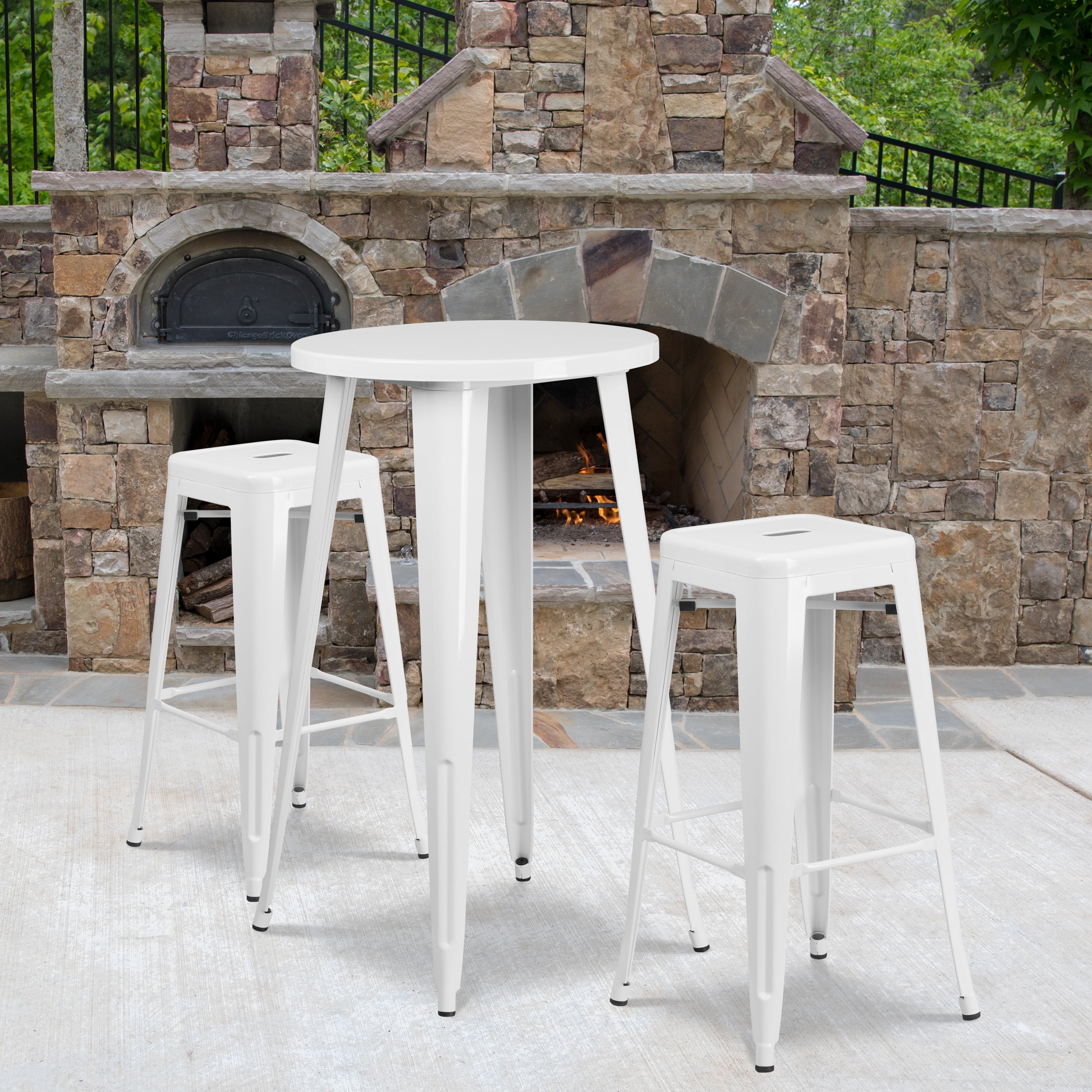 Flash Furniture Commercial Grade 24 Round White Metal Indoor-Outdoor Bar Table Set with 2 Square Seat Backless Stools