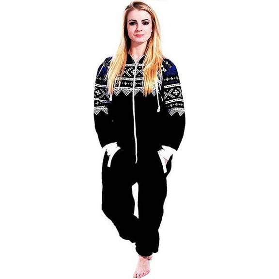 Women's Printed Fleece Onesie Pajama – Hooded Zip-Up One-Piece Sleepwear, Non-Footed Loungewear Jumpsuit
